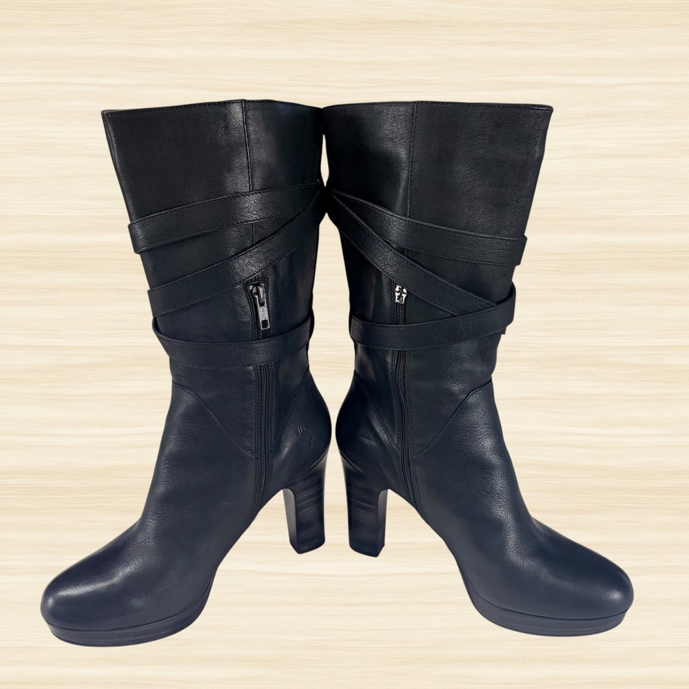 UGG Jardin Black Leather Moto Buckle Strap Mid Calf Heeled Boots Womens 9 - Picture 5 of 13